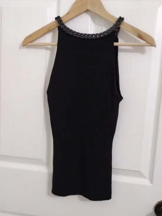 Carina Black Chain Strap Halter Tank Top Stretch Knit Size Medium Sleek Minimali - Picture 5 of 7